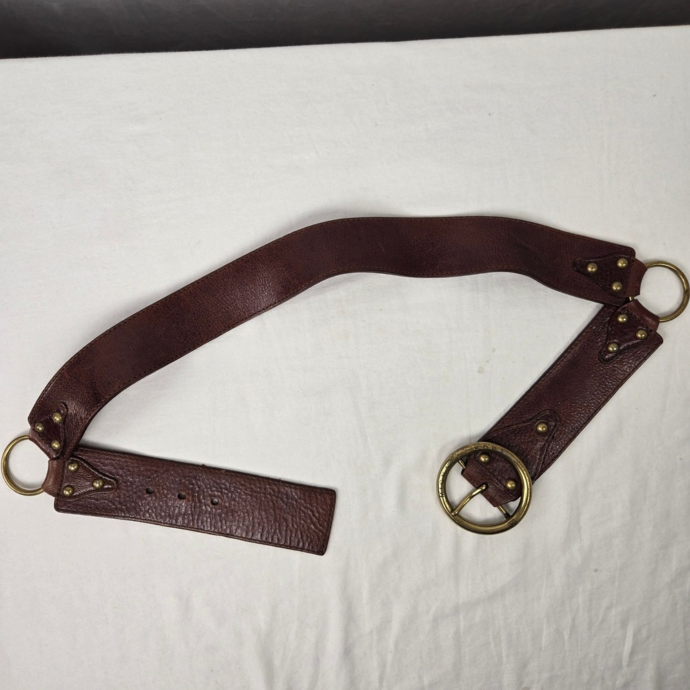 Michael Kors Brown Leather Boho Wide Waist Belt Brass Buckle Studded L Festival - Picture 2 of 6